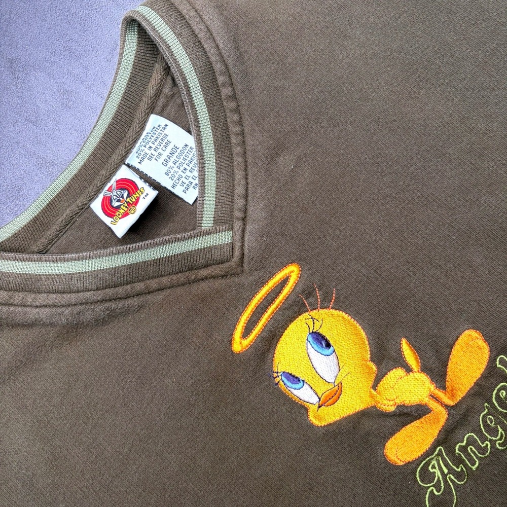 Vtg 90s Looney Tunes Varsity Sweatshirt Womens L Green Tweety Bird Angel V-Neck